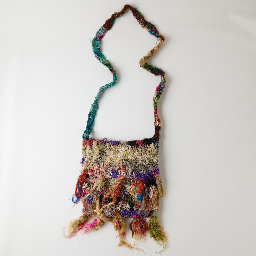 Y2K Vtg Handcrafted Boho Knitted Sling Bag Multicolor Crossbody Hippie Indie